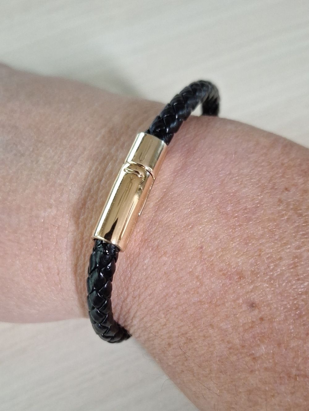 Men's Black Braided Leather Bracelet with Gold Magnetic Clasp